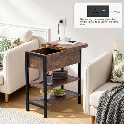 Side Table with Charging Station, Small Flip Top Narrow Sofa End Table