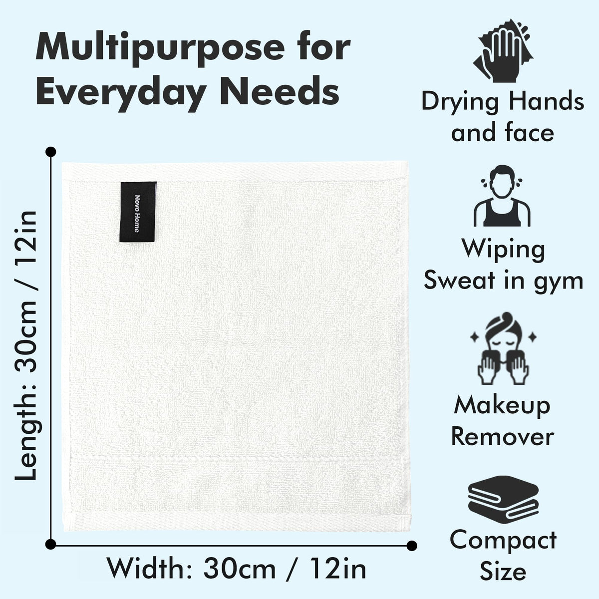 Novo Home Face Towels Pack of 12 – 550 GSM 100% Cotton Washcloths (30x30cm) – Soft, Quick Dry, Highly Absorbent Flannels for Bathroom, Spa, Gym
