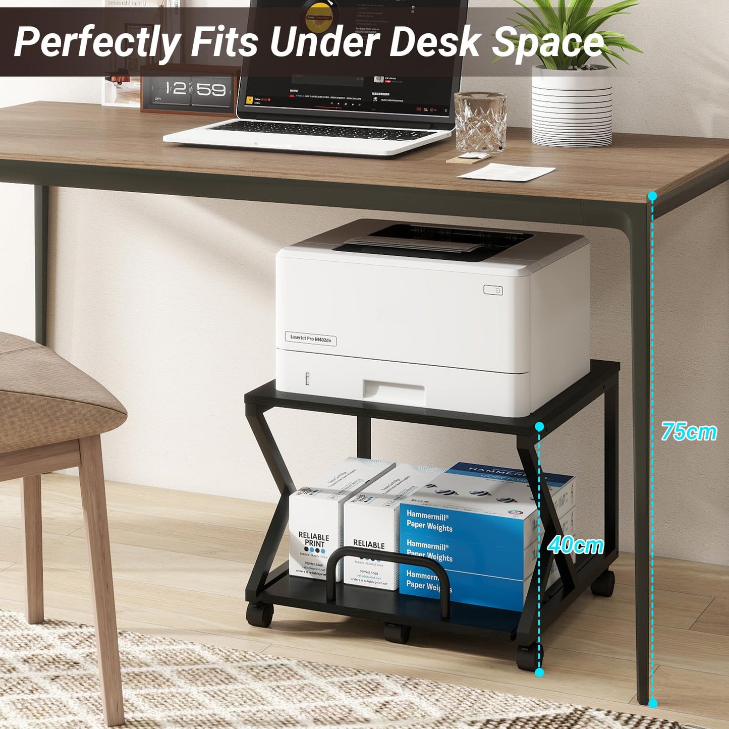 PUNCIA 50x50cm 2-Tier Printer Stand with Pull Out Shelf Black