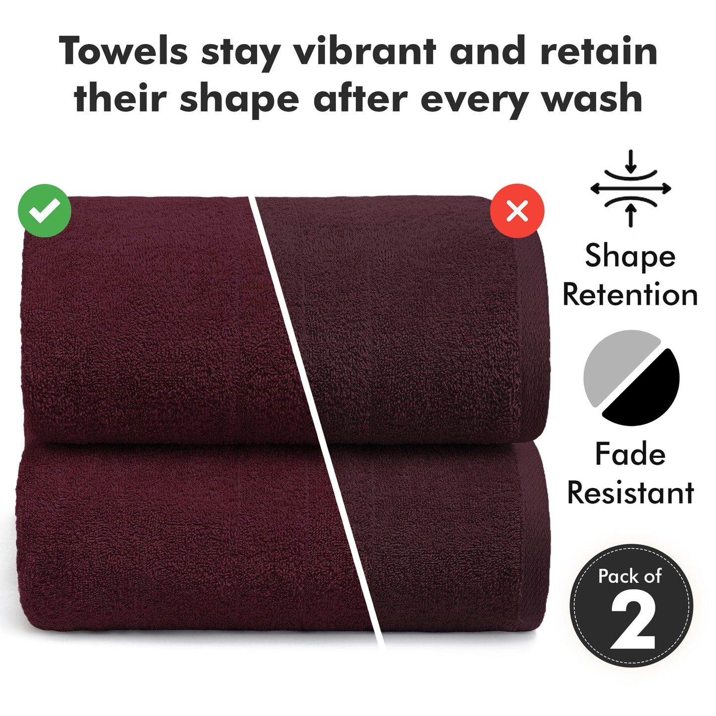 Novo Home Bath Sheets - Extra Large Bathroom Sheet Set – 550 GSM Pack of 2 Jumbo Towels Burgundy (90x180cm)
