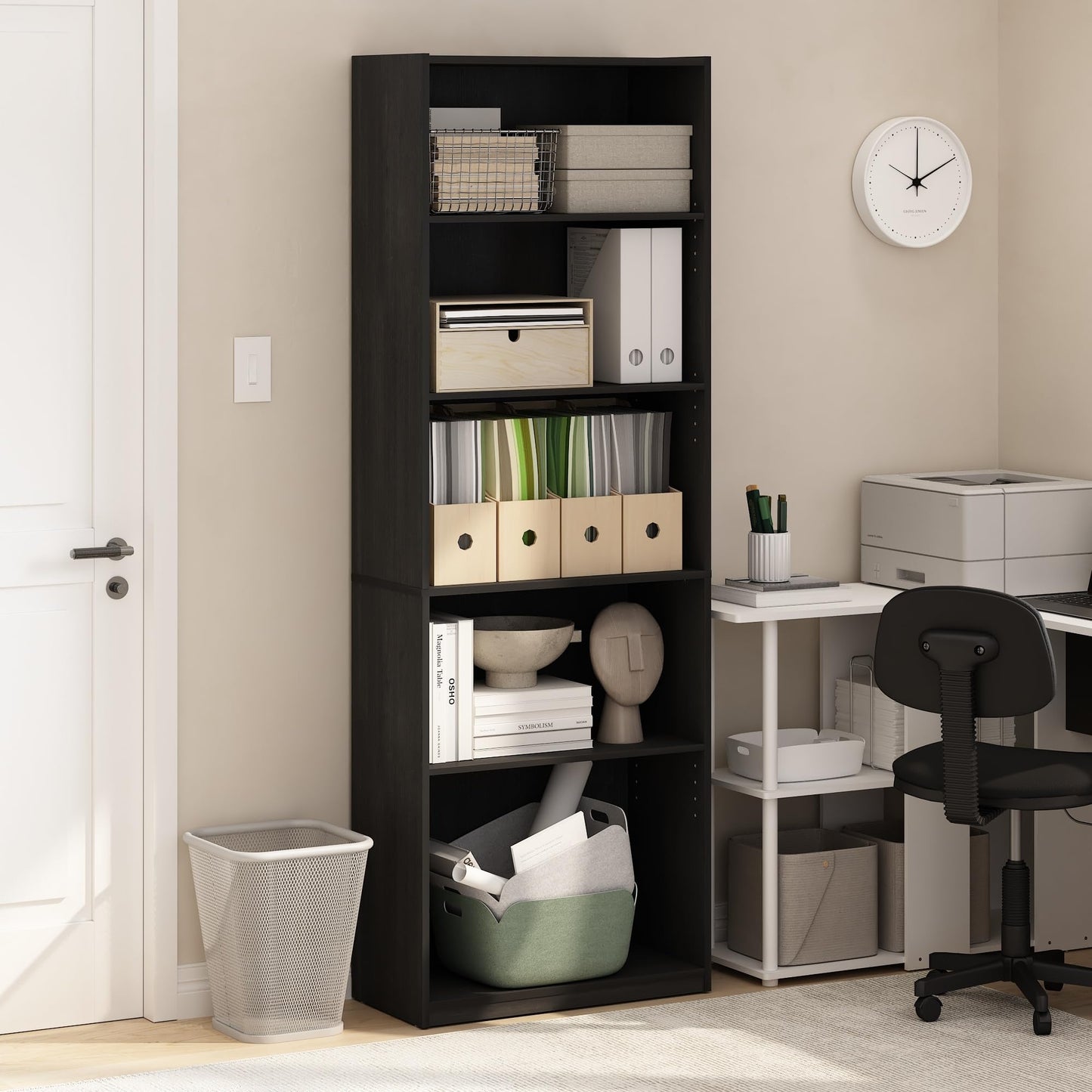Furinno GEHRY Book Shelf, 5-Tier Bookshelf, Bookcase, with Adjustable Shelves, 11.6 x 24.8 x 71.4, for Home Office, Living Room, Darkwood