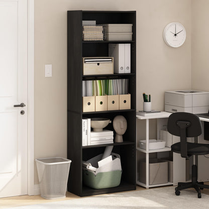Furinno GEHRY Book Shelf, 5-Tier Bookshelf, Bookcase, with Adjustable Shelves, 11.6 x 24.8 x 71.4, for Home Office, Living Room, Darkwood