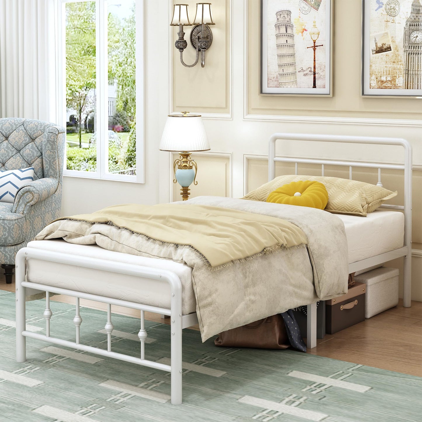 EMODA Small Single Bed Frame with Victorian Headboard and Footboard, 2ft6 Single Bed with Ample Storage Space, Heavy Metal Slats Support, Easy