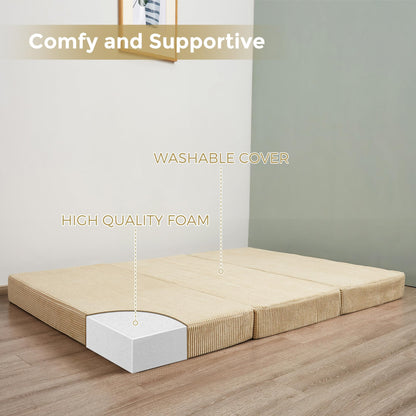 MAXYOYO Folding Corduroy Mattress, Tri Fold Floor Mattress 10cm thick with Washable Cover,Foldable in Three,Space-Saving for Guest (Camel, Double)