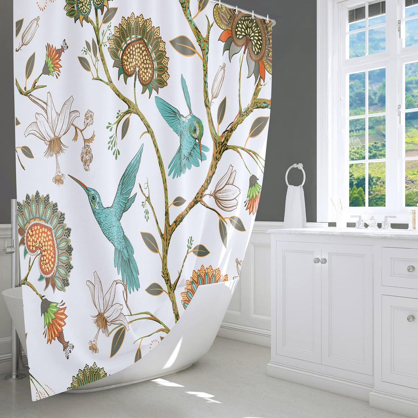 LIVETTY White Birds Floral Shower Curtain 180×180cm with 12 Hooks Mould Proof Floral Shower Curtain Fabric Bathroom Curtain Washable Quick-Drying