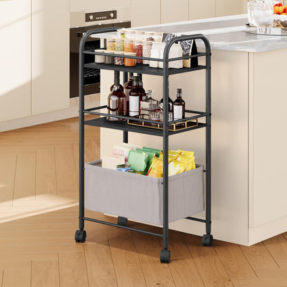 YITAHOME metal storage trolley on wheels, 3 Tier kitchen trolley, storage cart with Woven Basket, Lockable Wheels, Handle, book cart for office