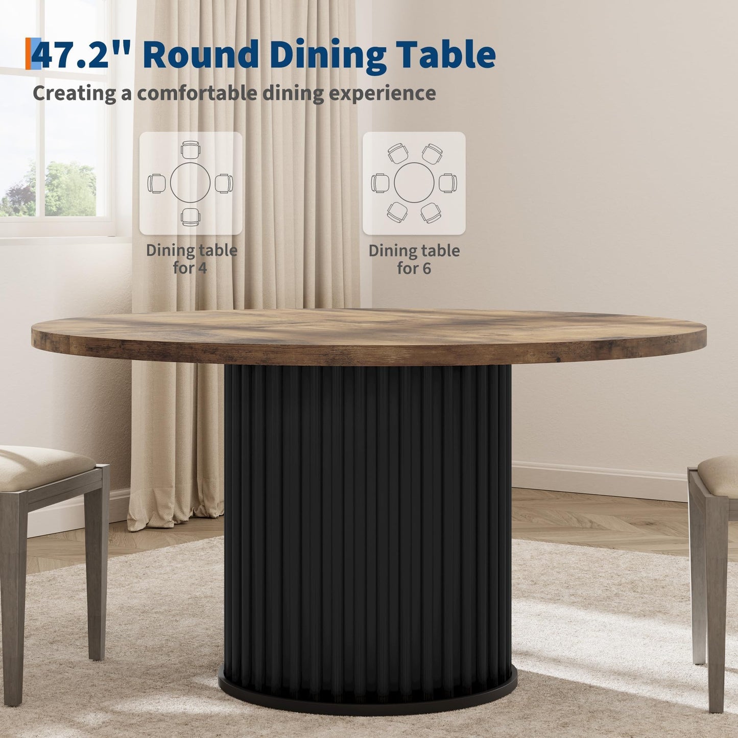 Crevyteg 47" Round Dining Table for 4-6 People, Dining Room Table with Sturdy Waveform Metal Pedestal Base