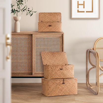 Woodluv Set of 3 Seagrass Storage Box with Lid, Lightweight Woven Basket for Shelves, Lidded Organiser Hamper Baskets, Brown