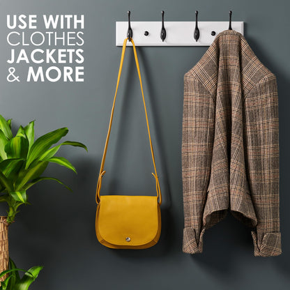 LARHN White Wall-Mounted Coat Rack - 4 Black Coat Hooks, 42cm