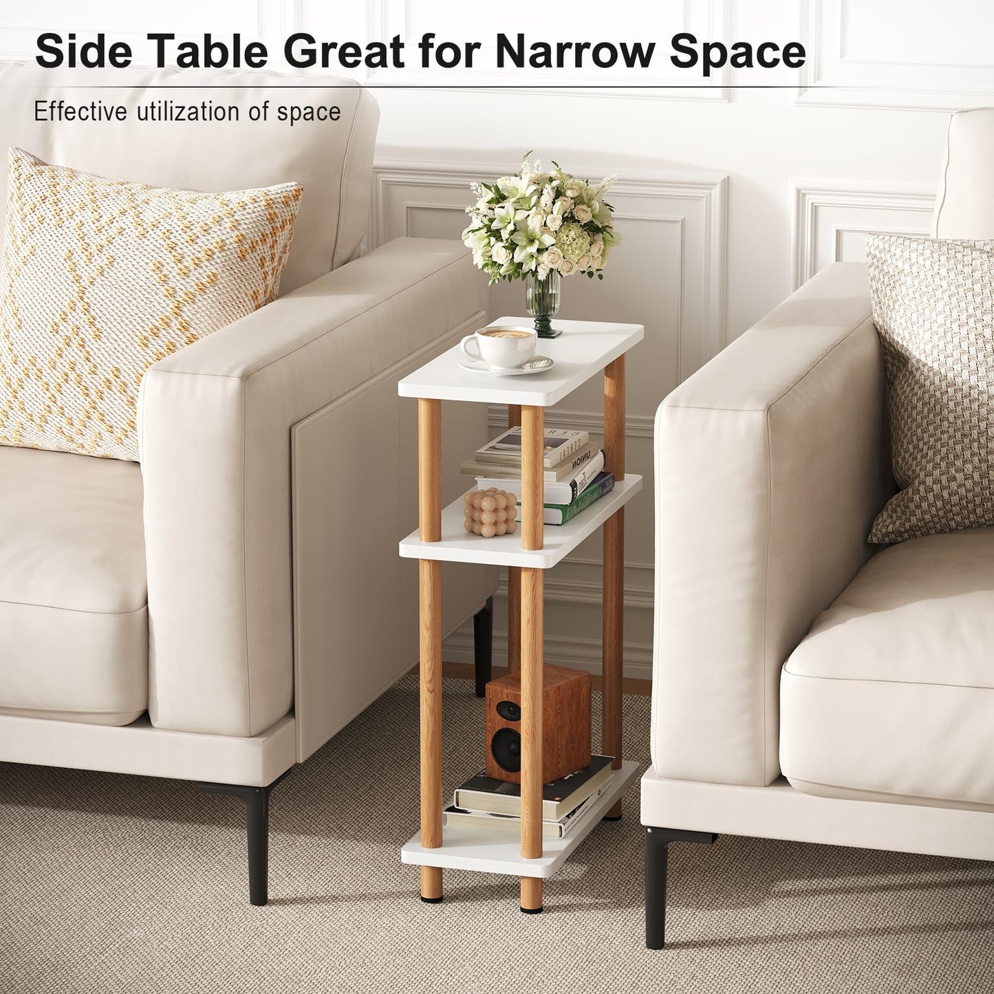 APICIZON Narrow Side Table, Slim Small Table, 3 Tier End Table Living Room, 40x18x61.5cm, Modern Thin Side Table for Living Room, Bedroom, Sofa
