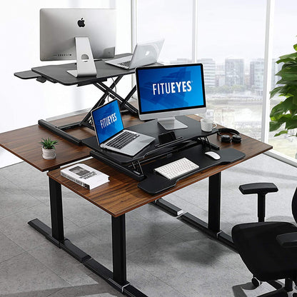 FITUEYES Standing Desk Converter 91.5x40 cm Height Adjustable Sit Stand Desk with Large Keyboard Tray and Phone Holder for Computer Laptop Dual