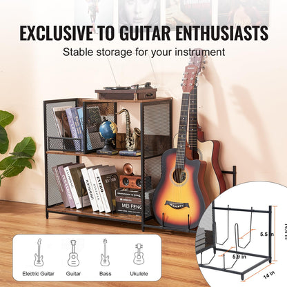 VEVOR 3-Tier Record Player Stand with Guitar Holder, Turntable Stand with Storage Holds Up to 300 Albums