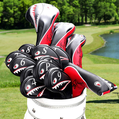 Craftsman Golf 10pcs Black Synthetic Leather Shark Golf Iron Head Covers Set Headcover with Number on both Sides For Callaway, Ping, Taylormade, Cobra