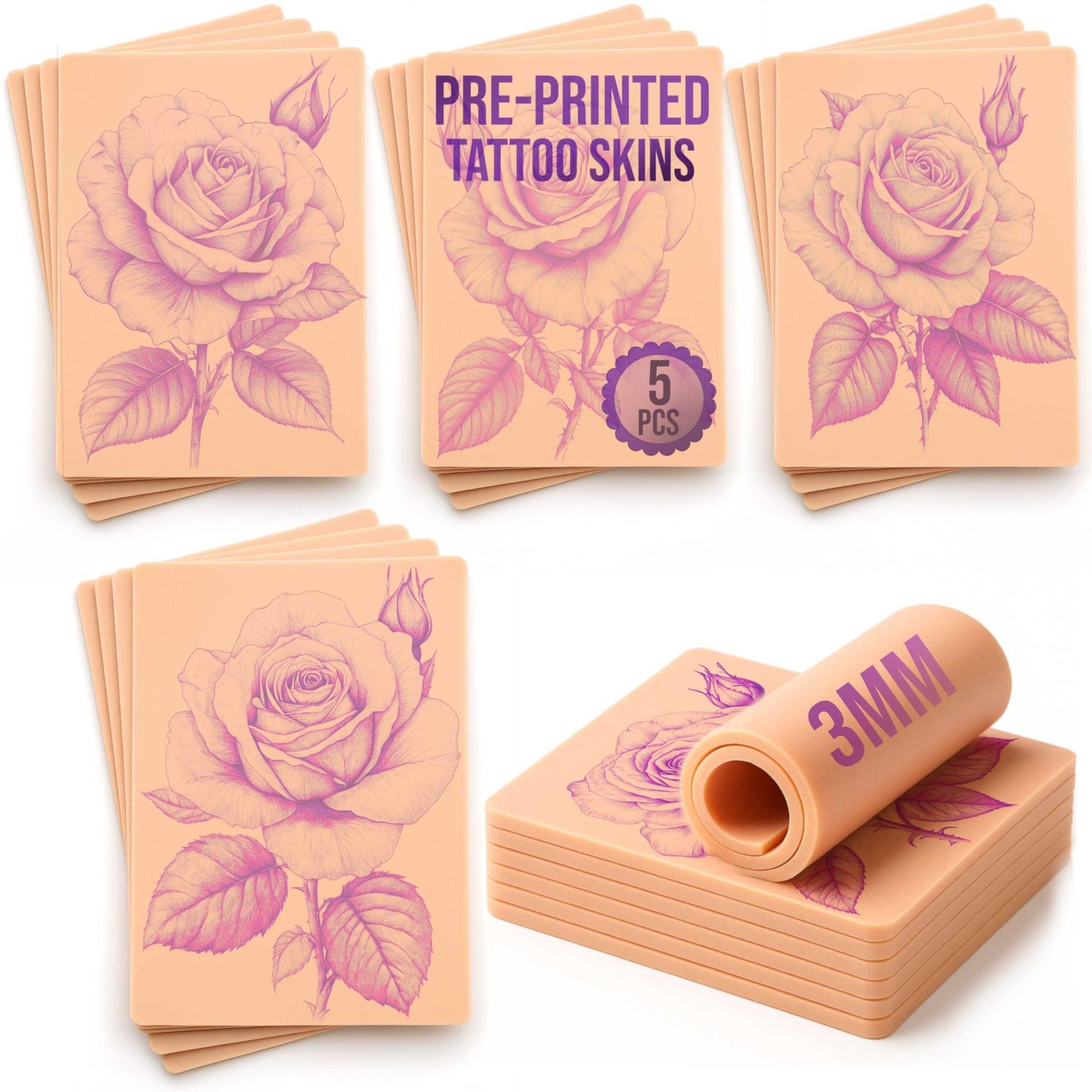 Stencil Skins Pre Printed Tattoo Practice Skin Set 5 Detailed Flower Designs, 3mm Silicone Tattoo Fake Skin, Perfect for Shading, Colour & Line