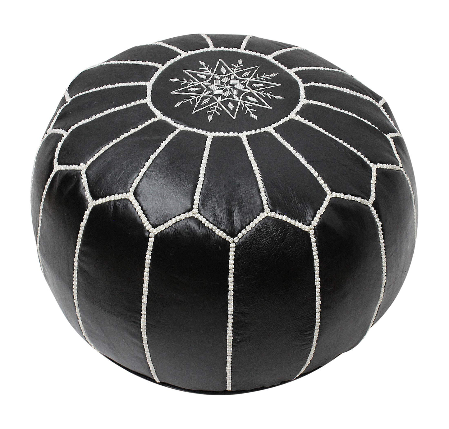 ESSENCE OF MOROCCO Moroccan Pouffe Pouf Footrest Footstool Ottoman Real Leather Black and White Handmade Hand-stitched with Embroidered Marrakech