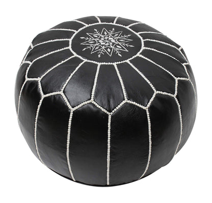 ESSENCE OF MOROCCO Moroccan Pouffe Pouf Footrest Footstool Ottoman Real Leather Black and White Handmade Hand-stitched with Embroidered Marrakech