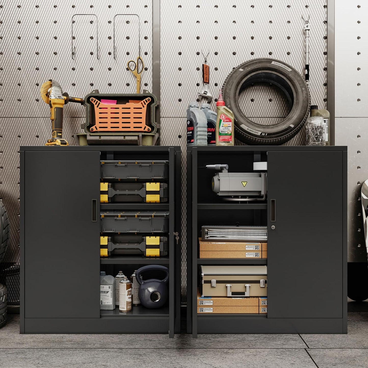 Metal Storage Cabinet, 90cm Locking Storage Cabinet with Doors & Shelves, Steel Storage Cabinet with 2 Adjustable Shelves for Garage, Home, Office