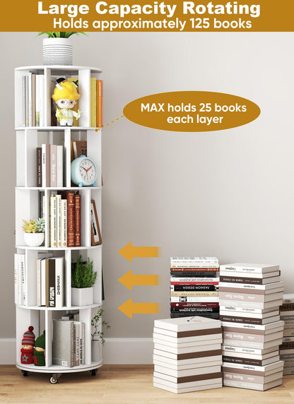 Suuiwau 5 Tier Rotating Bookshelf, 360° Revolving Bookcase with Wheels