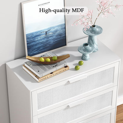 Skokliz White Chest of Drawers for Bedroom, Rattan 3 Drawer Storage Organiser Unit with Spacious Storage Cabinet, Nursery Furniture, Living Room