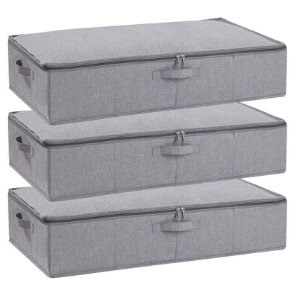 YheenLf Under Bed Storage Box with Lid, Foldable Wardrobe Organiser with Reinforced Handles for Blanket, Sheets, Clothing, Shoes, Grey, 3-Pack,