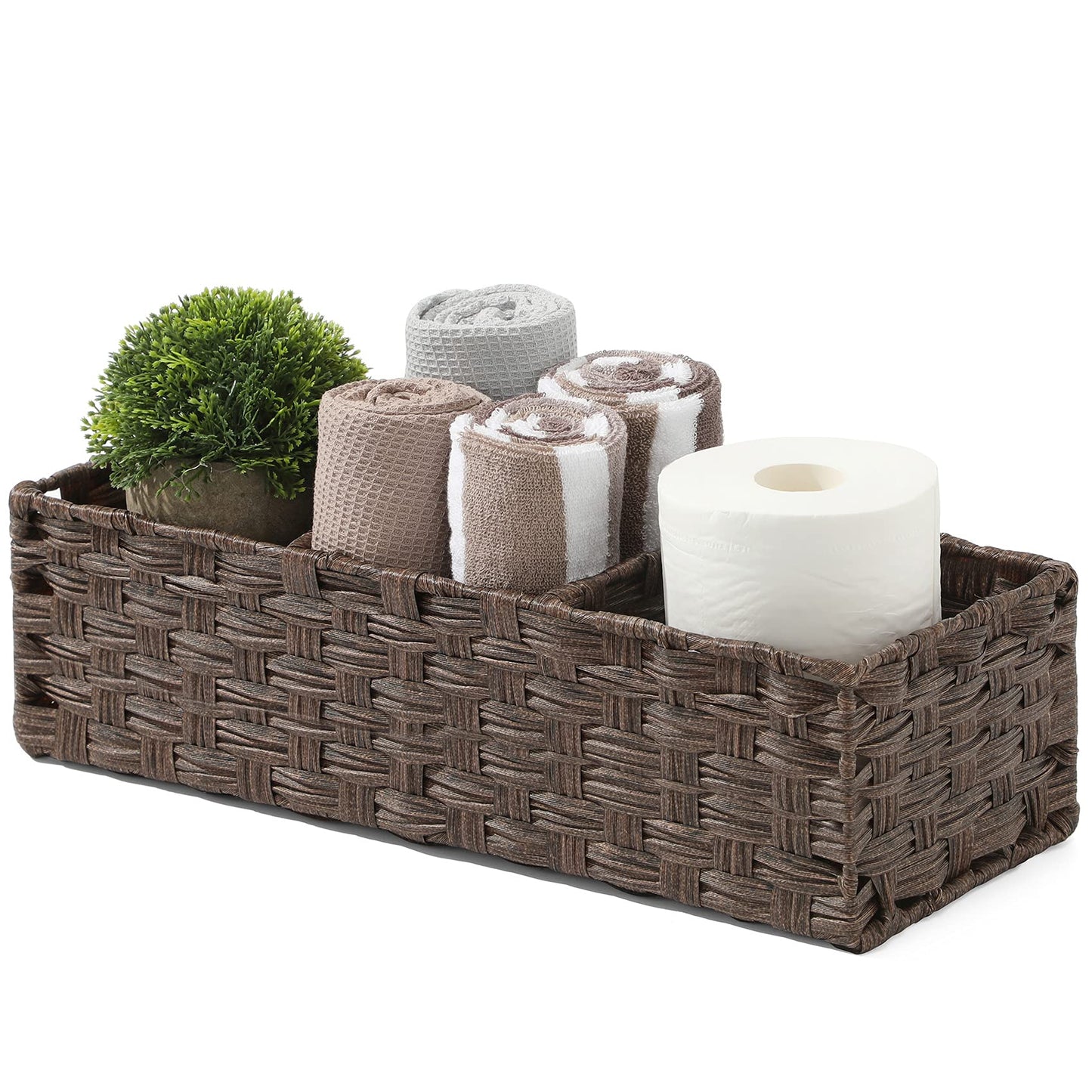 [Larger Compartments] Toilet Tank Topper Paper Basket - Multiuse Hand Woven Plastic Wicker Basket with Divider for Organizing