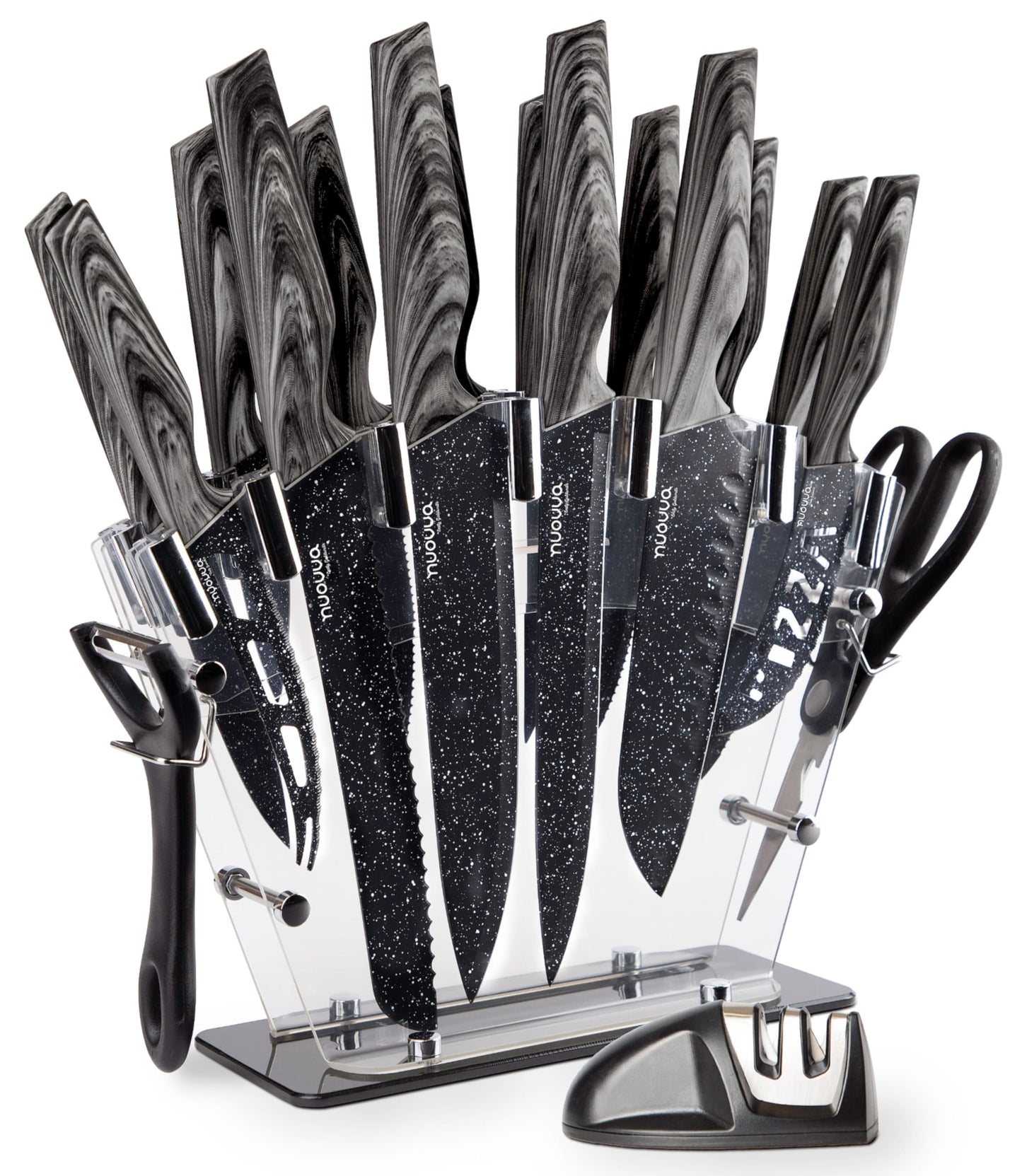 nuovva Professional Kitchen Knife Set with Block - Granite 17 Pcs with Knives Sharpener Peeler and Scissors - Clear Acrylic Block High Carbon