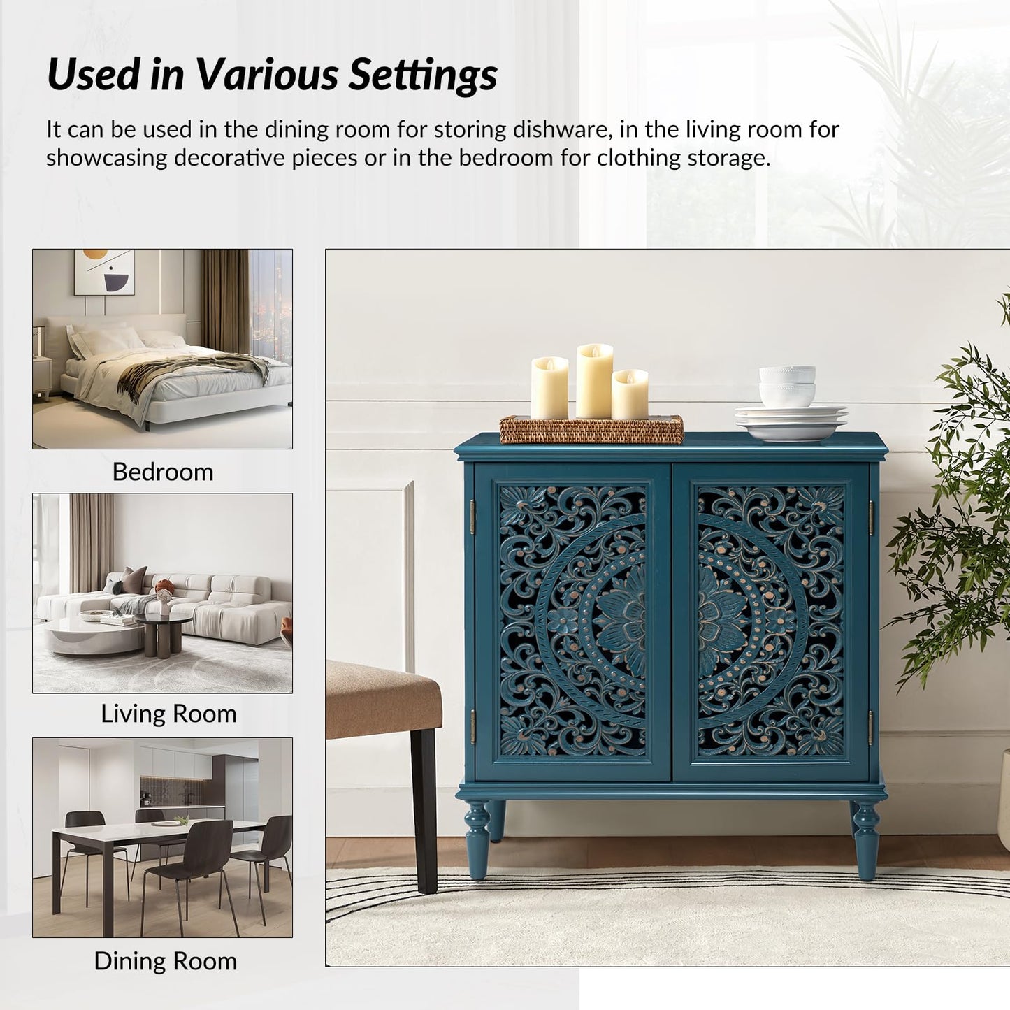 HULALA HOME Vintage Wooden Sideboard Cabinet with Floral Carved Doors, Blue