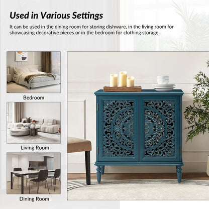 HULALA HOME Vintage Wooden Sideboard Cabinet with Floral Carved Doors, Blue