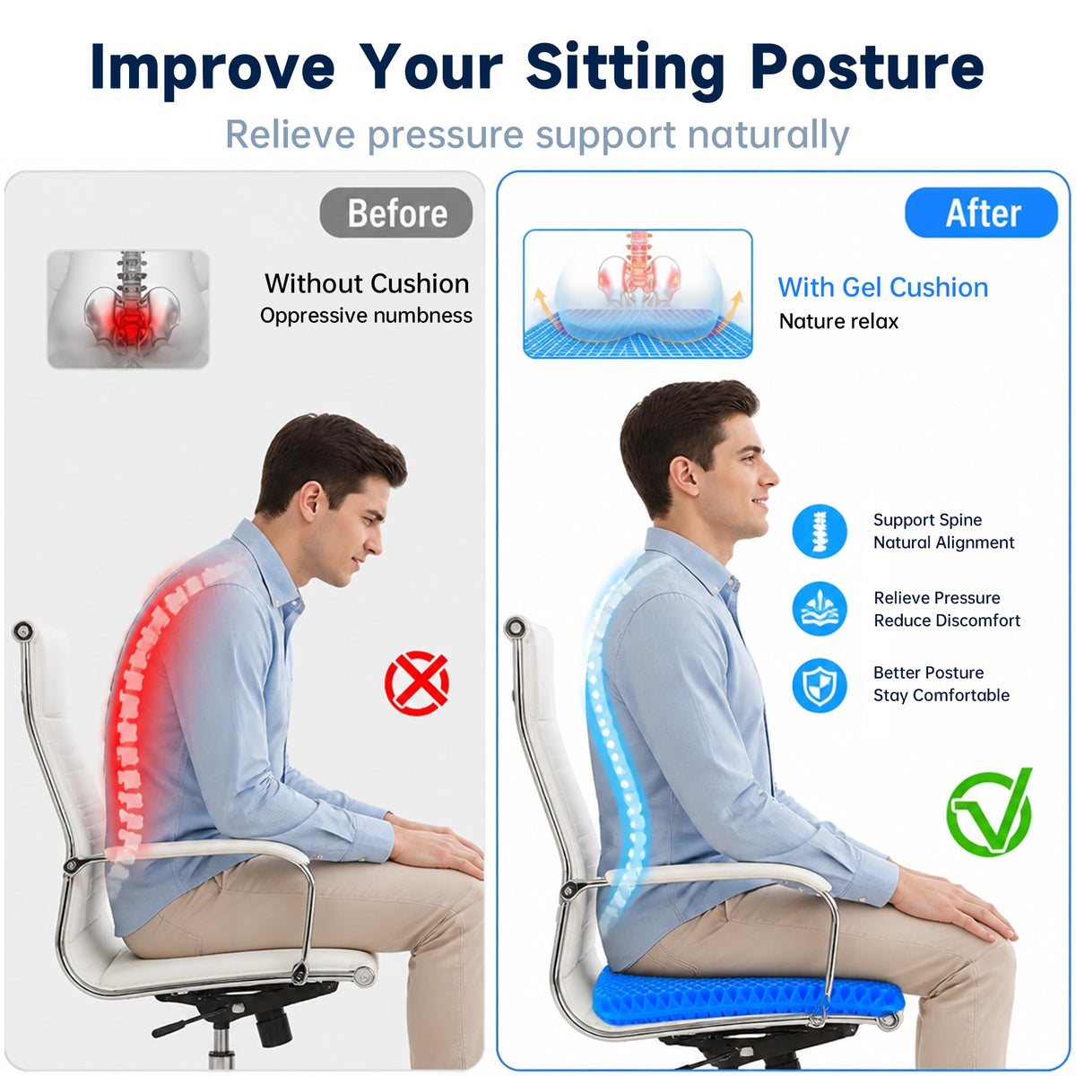 Jiangshun Gel Seat Cushion & Pressure Relief Pad – Double Layer Honeycomb