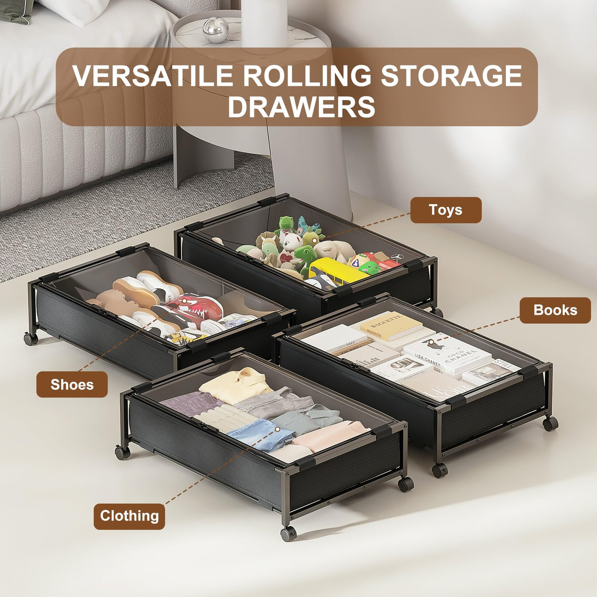 JEPEErbz Under Bed Storage with Wheels and Lid, Rolling Under Bed Drawers for Clothes, Shoes, Blankets, Toys (Black)