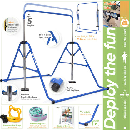 YOUTIFUN Gymnastics Bar, Kids Gym Equipment 5 Level Height Adjustable Pull Up Horizontal Gymnastic Bar, Gymnastics Equipment for Home for Girls & Boys