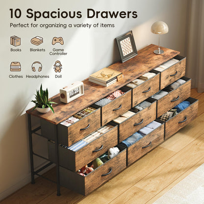 VERMESS Bedroom Dresser & Chests of Drawers with 10 Fabric Drawers, TV Stand Cabinet Unit for 65", 70" TV, Dresser Storage Organizer