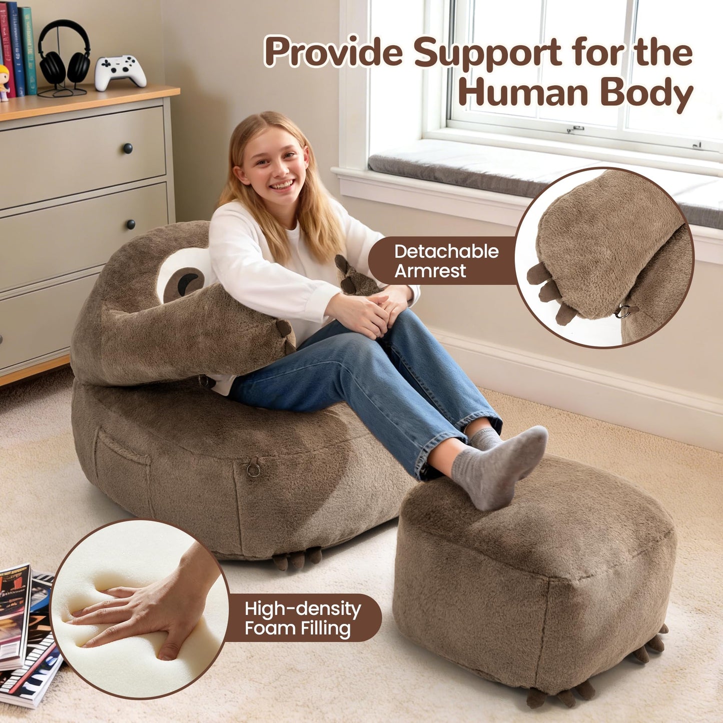 Pamapic Bean Bag Chair, Sloth Bean Bag Chair with Footstool, BeanBag with FIlling Included, Ergonomic Recliner with Detachable Armrest