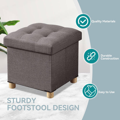 BRIAN & DANY Folding Storage Ottoman with Wood Legs, Linen Foot Stool, Storage Chest with Highly Elastic Sponge Filling, Brown, 38 x 38 x 38 cm