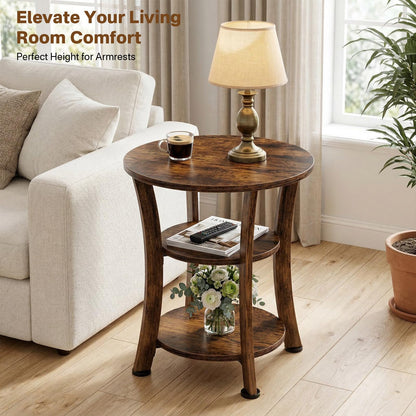 Yuede Round End Table, 3 Tier Side Table with Storage, Farmhouse Wood Side Table, Vintage Sofa Bedside Table Coffee Table for Bedroom Living Room