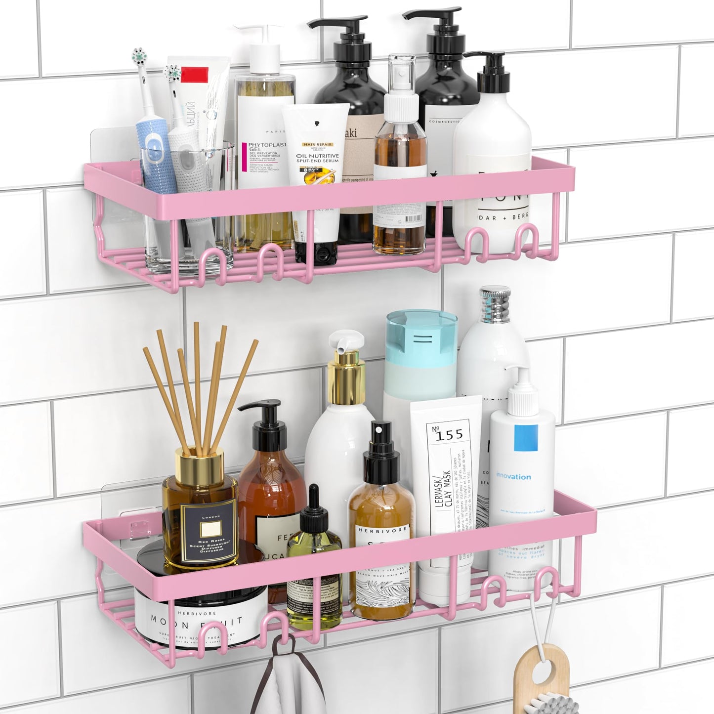 DIFULI Shower Caddy Shelf Organiser 2 Pack, No Drill Pink Shower Shelves,Self Adhesive Bathroom Storage Accessories