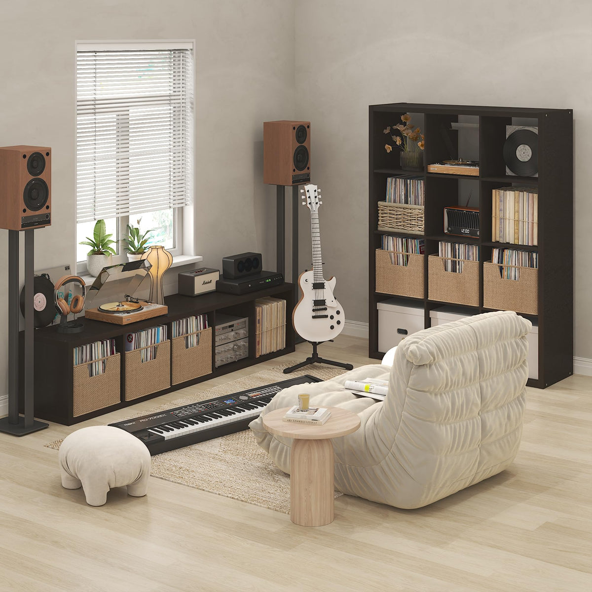 Furinno CUBICLE Record Player Stand with Vinyl Storage, 5-Cube 3 cm Extra Thick Vinyl Record Storage