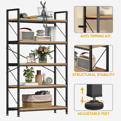 DWVO Bookcase 5 Tiers, Industrial Book Shelf 80cm Wide 158cm High Large Book Case Wooden Shelf and Metal Shelving Unit Display Storage Rack for