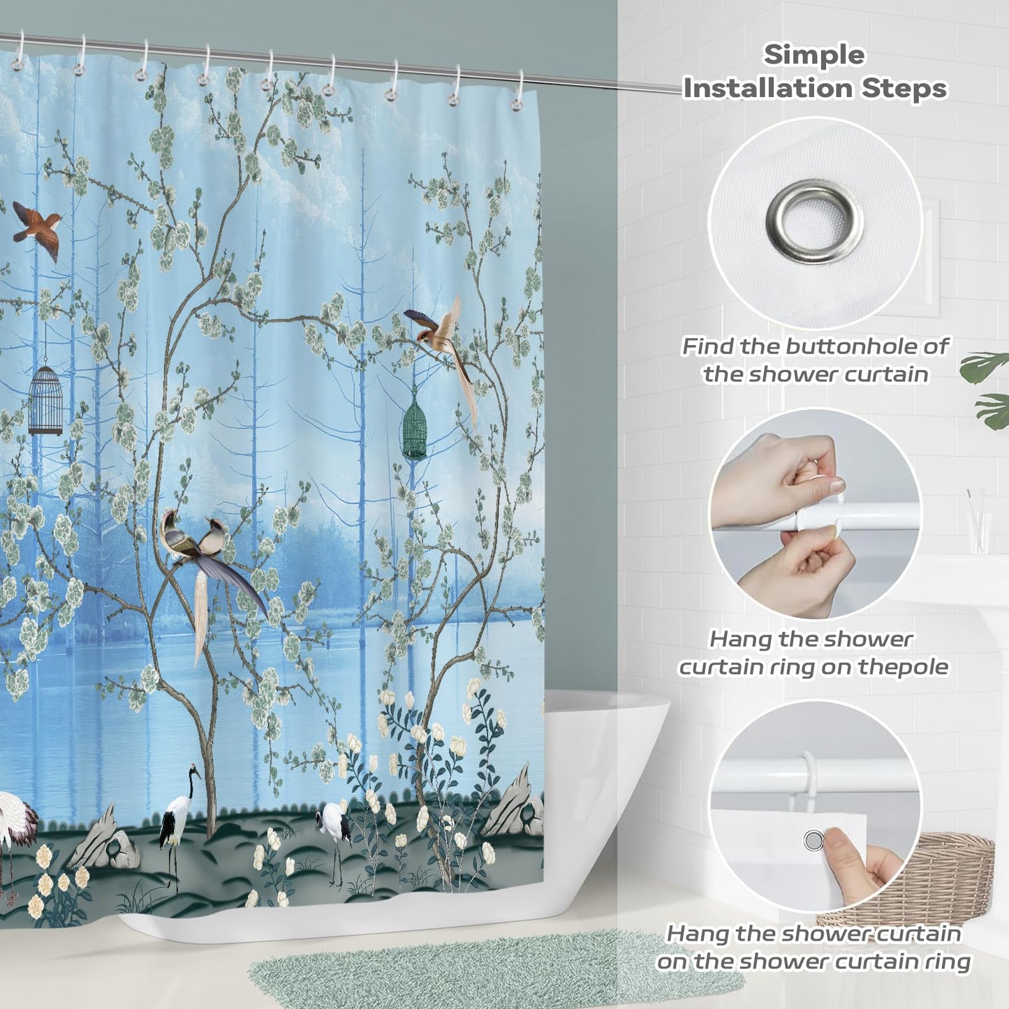 Hopomoon Light Blue Chinoiserie Bird Crane Shower Curtain, Waterproof Polyester Bath Curtain