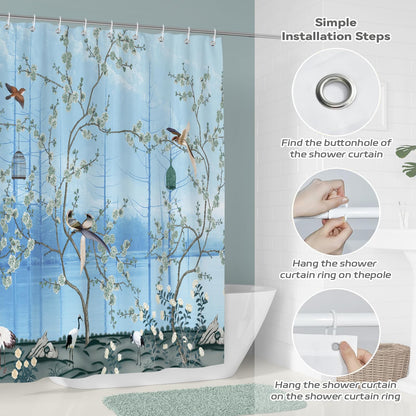 Hopomoon Light Blue Chinoiserie Bird Crane Shower Curtain, Waterproof Polyester Bath Curtain
