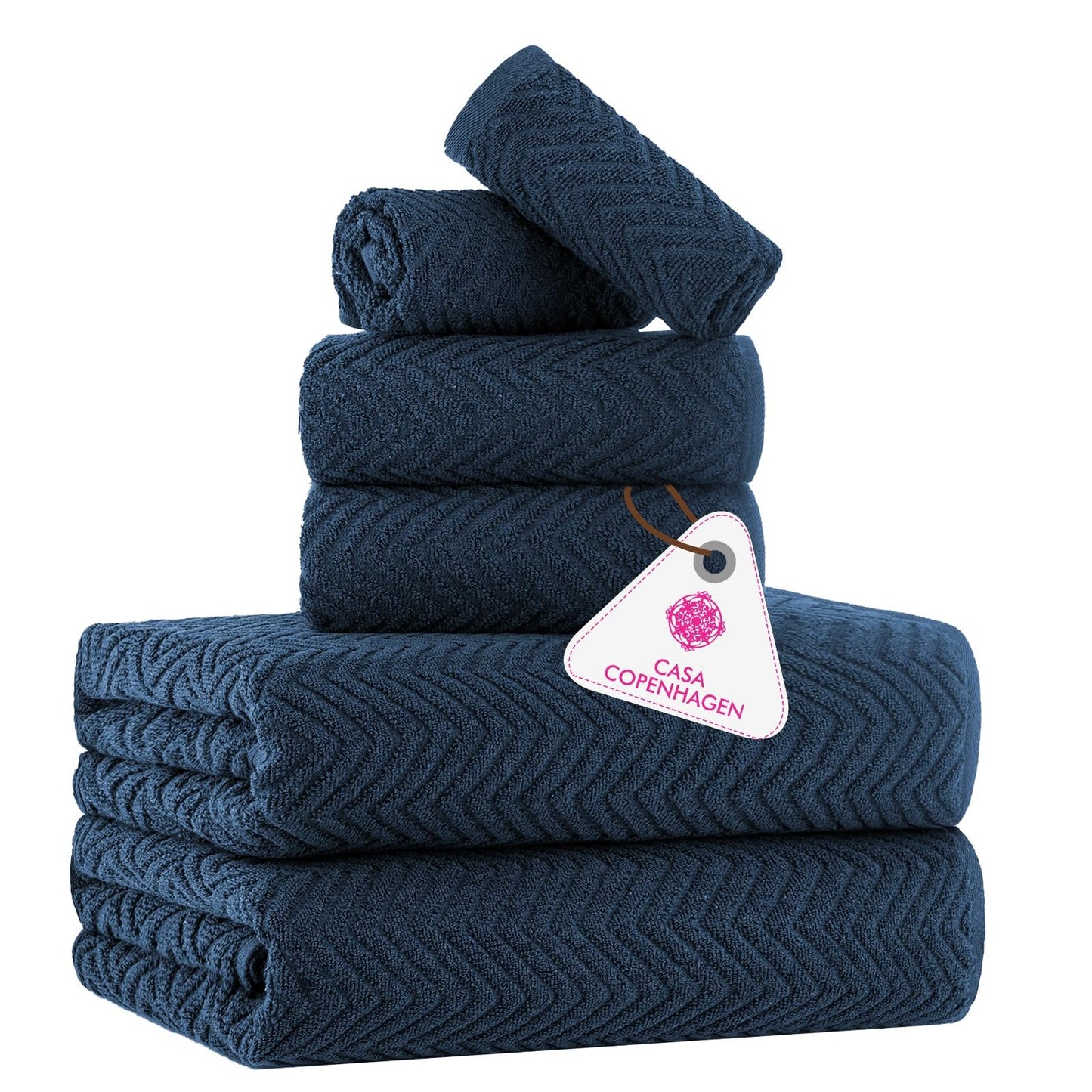 CASA COPENHAGEN Wave Textured 6 Piece Towel Set - Navy Blue, 550 g/m?, 2 Bath Towel, 2 Hand Towel, 2 Washcloth Towels Cotton Rough and Tough Use Gift