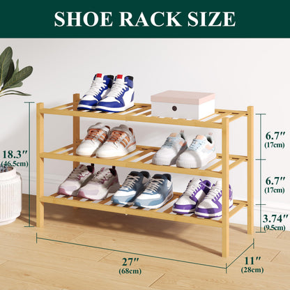 smiry Natural Bamboo Shoe Rack, 3 Tier Wooden Stackable Shoe Storage Organiser, Free Standing Shoes Storage Shelf for Entryway, Hallway, Small Spaces
