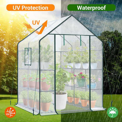 Ohuhu Plastic Greenhouse with Improved PE Cover, Portable Walk in Plant Green House, 3 Tiers 12 Shelves Stands Small Greenhouses Backyard Green Houses