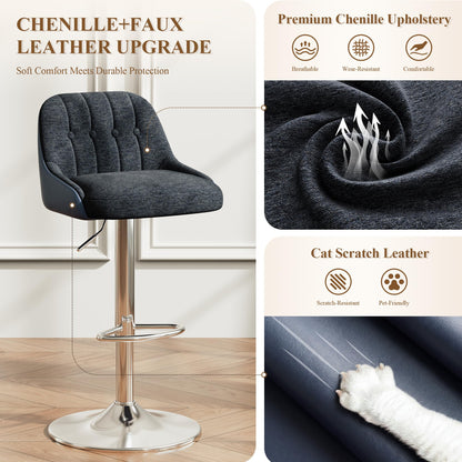 MALOL Adjustable Bar Stools Set of 6, Swivel Counter Stools with Backrest, Chenille & Faux Leather Upholstered Bar Chairs