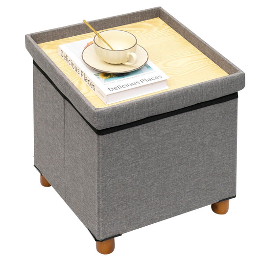 Bonlife Footstool for Living Room,Grey Ottoman Storage Box with 4 Wood Legs,Folding Ottoman Coffee Table with Storag,38x38x38cm