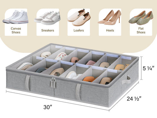 StorageWorks Under Bed Shoe Storage Organizer, Underbed Shoes Container with Adjustable Dividers, Shoe Storage Basket with Cover, Grey, 2-Pack,