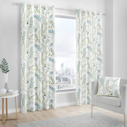 Fusion Fernworthy Leaf Print 100% Cotton Eyelet Lined Curtains, Green, 90 x 72 Inch, Polyester, W229cm (90") x D183cm (72")