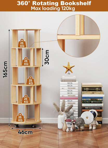 Suuiwau 5 Tier Rotating Bookshelf, 360° Revolving Bookcase with Wheels