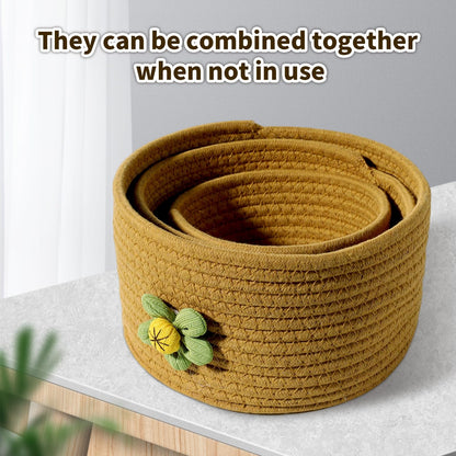 Alissvater 3-Piece Cosmetic Storage Basket Made of Natural Cotton Yarn with Lid - Washable and Decorative Basket for Storage
