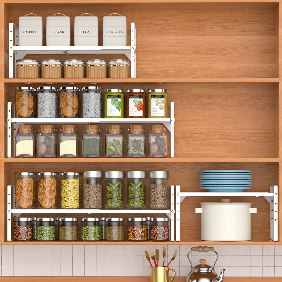 iPEGTOP Expandable Cabinet Storage Shelf Organizer Rack, Heavy Duty Steel Metal Spice Rack Adjustable Height Home Office Pantry Shelf Space for